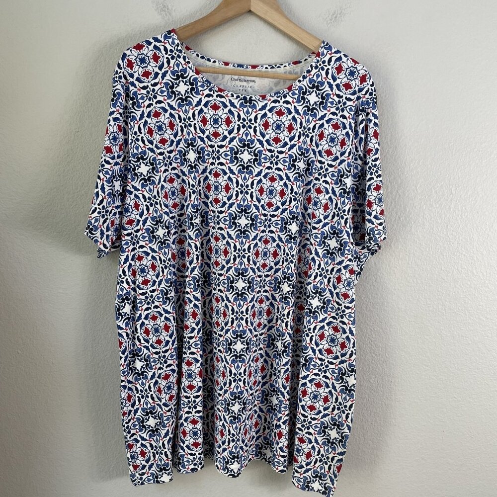 Croft & Barrow‎ Shirt Womens 3X Red Blue White Geometric Classic Tee Cotton Top - Picture 7 of 10